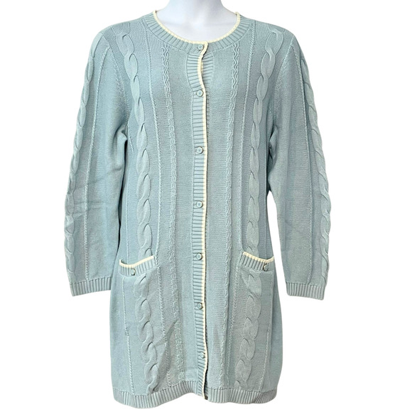 Susan Graver Sz 1X Button Front Topper Cardigan Cable Knit Blue & White A659441 - Picture 1 of 13